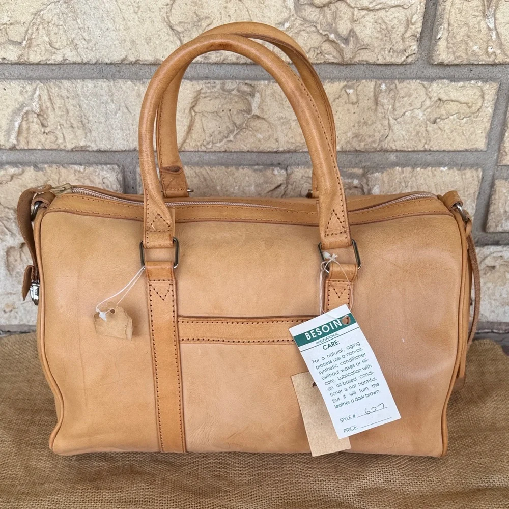 Beson Int. Dead-stock Elegant Tan Men's Duffel Bag tan leather New Vintage NWT - Picture 4 of 16